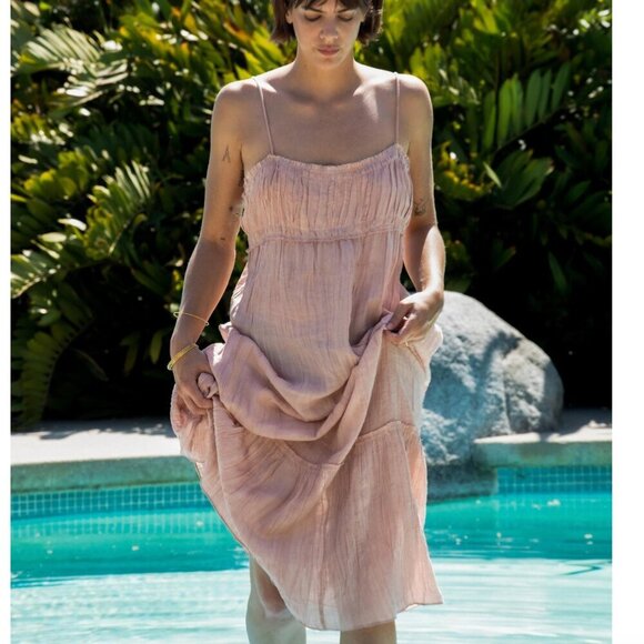 Zara ZW Ramie Blend Wrinkled Tiered Midi Dress Light Rose Pink NWT Size Small - Picture 4 of 9